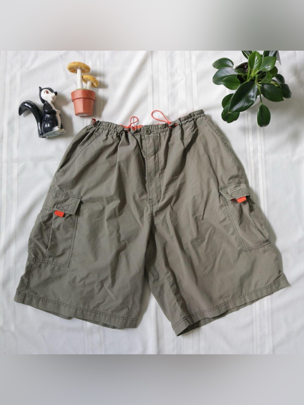 Khaki green long cargo shorts